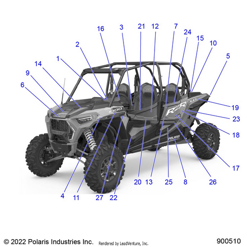 An Image of a Genuine Polaris Parts Schematic Diagram showing the schematic - BODY: DECALS - 2022 POLARIS RZR XP 4 1000 PREMIUM