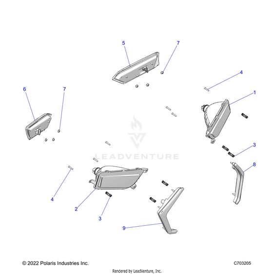 An Image of a Genuine Polaris Parts Schematic Diagram showing the schematic - ELECTRICAL: HEADLIGHTS AND TAILLIGHTS - 2025 POLARIS RZR 900 TRAIL ULTIMATE