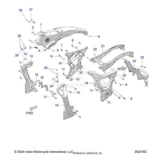 Exploded diagram of a motorcycle frame assembly showing numbered parts such as the main frame, subframe, brackets, and Guard Edge Frame by Polaris, with labeled arrows to indicate part positions and orientation.