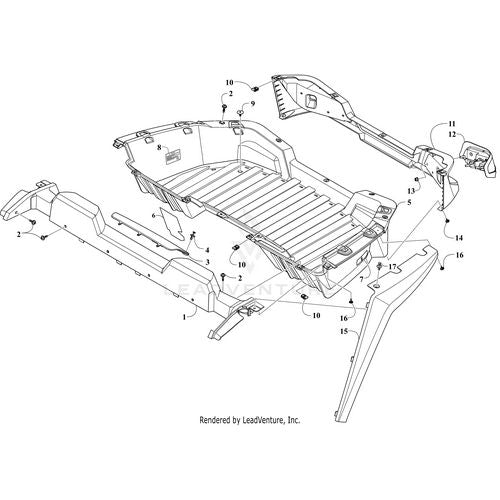 Line drawing of a vehicle chassis frame with numbered labels showing floor, side panels, structural supports, OEM Arctic Cat parts like the Self Tapping Screw by Arctic Cat and other body panel components with attachment points.