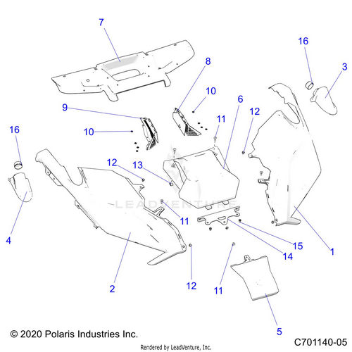 An Image of a Genuine Polaris Parts Schematic Diagram showing the schematic - BODY: HOOD - 2023 POLARIS RZR PRO R RIDE COMMAND