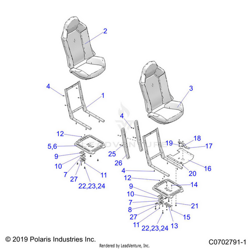 An Image of a Genuine Polaris Parts Schematic Diagram showing the schematic - BODY: SEAT ASM. AND SLIDER - 2020 POLARIS RZR TURBO S 4 VELOCITY