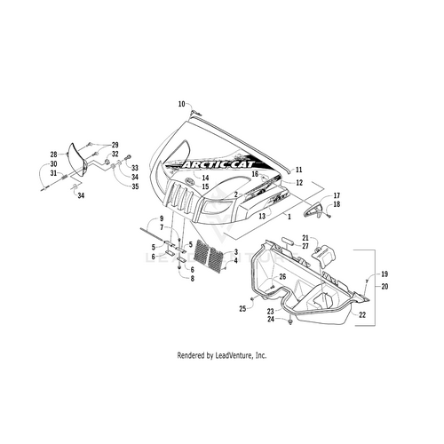 Exploded diagram of an Arctic Cat snowmobile hood assembly with labeled parts, featuring the Crest Decal - Arctic Cat by Arctic Cat, OEM part numbers, and arrows showing locations of the hood, vents, fasteners, grille, and hardware.
