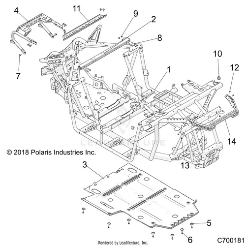 An Image of a Genuine Polaris Parts Schematic Diagram showing the schematic - CHASSIS: MAIN FRAME and SKID PLATE - 2019 POLARIS RZR 570