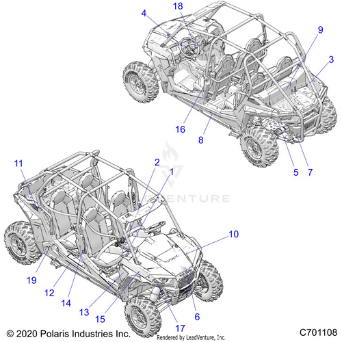 An Image of a Genuine Polaris Parts Schematic Diagram showing the schematic - BODY: DECALS - 2020 POLARIS RZR S 4 1000