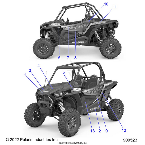 An Image of a Genuine Polaris Parts Schematic Diagram showing the schematic - BODY: DECALS GRAPHICS - 2023 POLARIS RZR XP 1000 PREMIUM