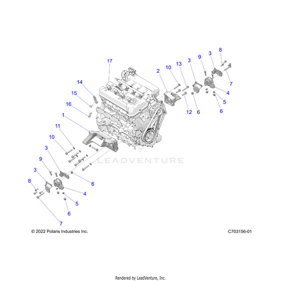 An Image of a Genuine Polaris Parts Schematic Diagram showing the schematic - ENGINE: MOUNTING & LONG BLOCK - 2023 POLARIS RZR PRO R ULTIMATE