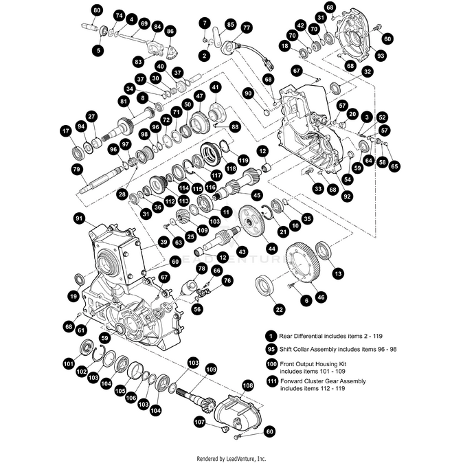 Exploded diagram of mechanical gear assembly highlights numbered parts (101–109) from the Arctic Cat Front Output Housing Kit—perfect for identifying UTV components. Available at Witchdoctors.com.