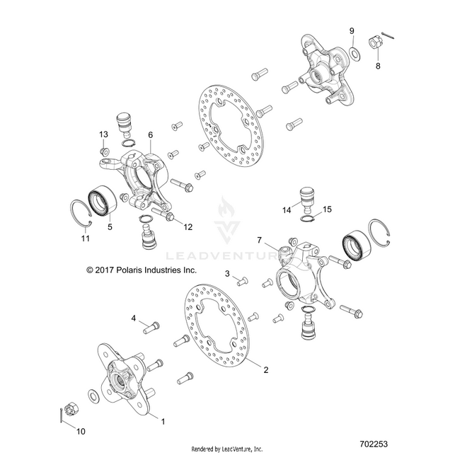 An Image of a Genuine Polaris Parts Schematic Diagram showing the schematic - SUSPENSION: FRONT CARRIER - 2018 POLARIS RZR 900/900 EPS