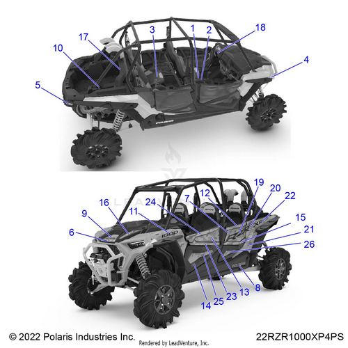 An Image of a Genuine Polaris Parts Schematic Diagram showing the schematic - BODY: DECALS - 2022 POLARIS RZR XP 4 1000 HIGH LIFTER
