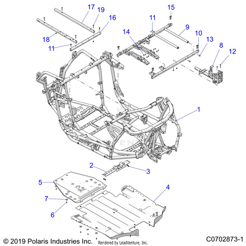 An Image of a Genuine Polaris Parts Schematic Diagram showing the schematic - CHASSIS: MAIN FRAME AND SKID PLATES - 2021 POLARIS RZR PRO XP ULTIMATE
