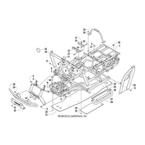 Exploded diagram showing numbered chassis parts, such as the frame and panels—perfect for identifying and assembling the OEM Arctic Cat Steering Support on Wildcat, Prowler, and Alterra models.
