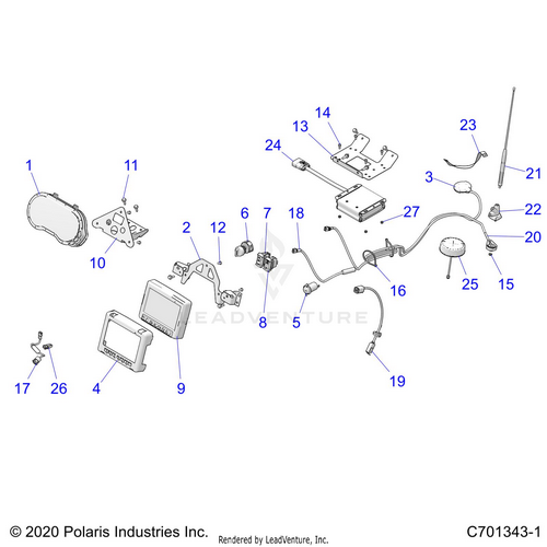 An Image of a Genuine Polaris Parts Schematic Diagram showing the schematic - ELECTRICAL: DASH INSTRUMENTS AND CONTROLS - 2021 POLARIS RZR XP 1000