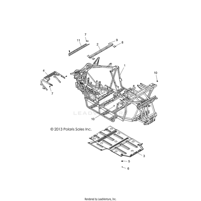 An Image of a Genuine Polaris Parts Schematic Diagram showing the schematic - CHASSIS: MAIN FRAME and SKID PLATE - 2018 POLARIS RZR 570