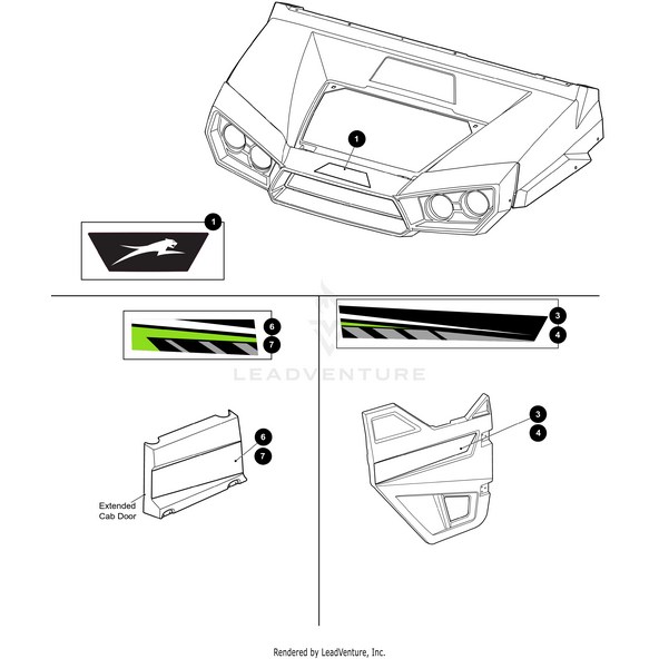 Diagram showing labeled parts of an Arctic Cat UTV, highlighting a hood, OEM Arctic Cat parts, detailed green and black decals, an extended cab door, and a close-up of the side panel with the Arctic Cat Fascia Decal by Arctic Cat.