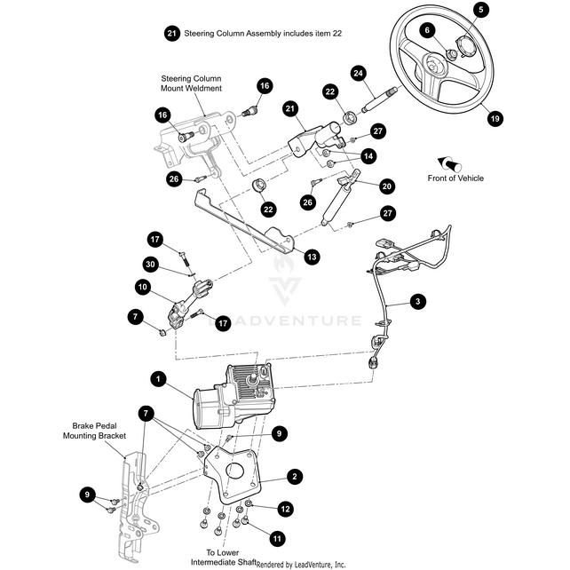 A labeled diagram displays a vehicle steering column assembly with the steering wheel, brackets, shaft, OEM Arctic Cat Hex Flange Bolt M10-1.25X25, mounting hardware, numbered components, and directional arrows.