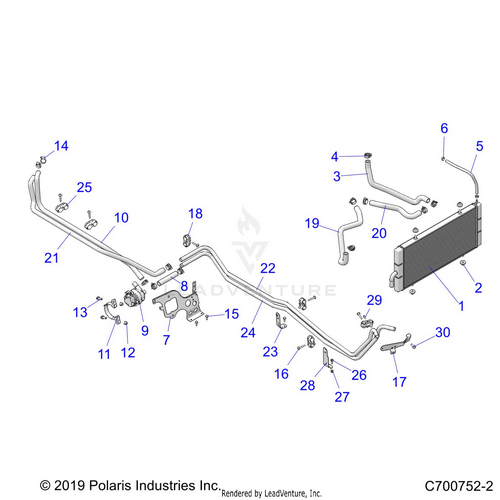 An Image of a Genuine Polaris Parts Schematic Diagram showing the schematic - ENGINE: COOLING AUX. SYSTEM - 2021 POLARIS RZR TURBO S