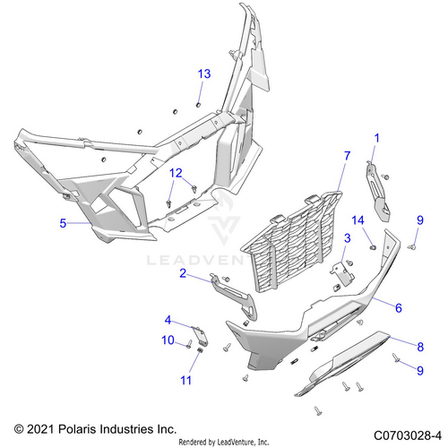 An Image of a Genuine Polaris Parts Schematic Diagram showing the schematic - BODY: FRONT BUMPER - 2021 POLARIS RZR PRO XP 4 ULTIMATE