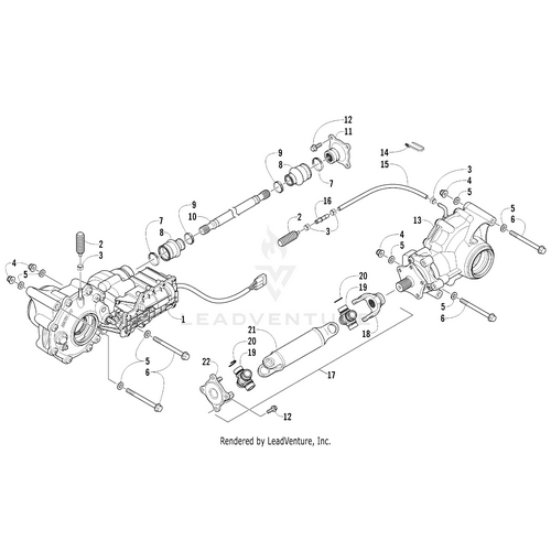 Exploded diagram of the Complete Front Drive Gearcase Assembly by Arctic Cat, showing labeled gears, shafts, bolts, and housing—perfect for sourcing OEM parts at Witchdoctors.com.