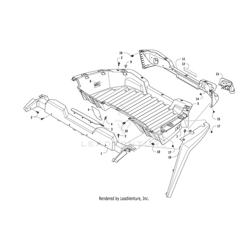 Exploded view diagram of a vehicles underbody frame, displaying labeled parts and connectors, including the Rear Fender-Right Gloss Black by Arctic Cat. Components are separated and numbered for clarity.