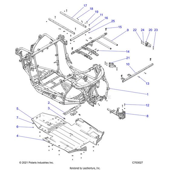 An Image of a Genuine Polaris Parts Schematic Diagram showing the schematic - CHASSIS: MAIN FRAME AND SKID PLATES - 2022 POLARIS RZR PRO XP SPORT EVAP