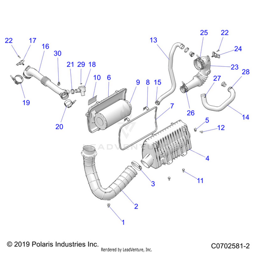 An Image of a Genuine Polaris Parts Schematic Diagram showing the schematic - ENGINE: AIR INTAKE SYSTEM - 2020 POLARIS RZR TURBO S 4 VELOCITY