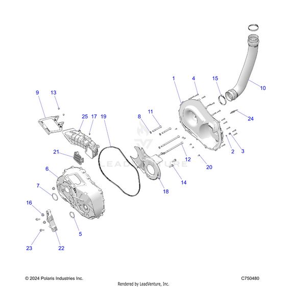An Image of a Genuine Polaris Parts Schematic Diagram showing the schematic - DRIVE TRAIN: CLUTCH COVER AND DUCTING - 2025 POLARIS RZR XP 1000 PREMIUM