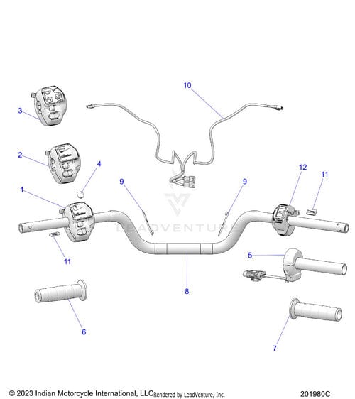 Technical diagram of Indian Motorcycle handlebars with labeled components, such as grips, switches, wiring, throttle assembly, and the Plug Switch Cruise Control by Polaris. All parts are clearly numbered for easy reference.