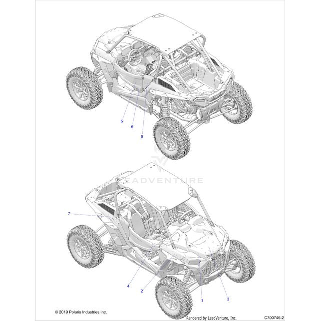 An Image of a Genuine Polaris Parts Schematic Diagram showing the schematic - BODY: DECALS GRAPHICS - 2020 POLARIS RZR TURBO S VELOCITY