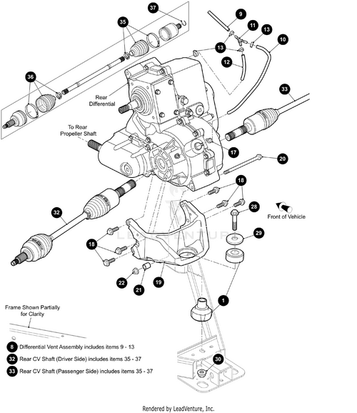 Exploded technical diagram of a vehicle’s rear differential and CV shaft assembly, featuring labeled OEM Arctic Cat Hex Flange Bolt M10 X 1.5 X 150 Pc10.9 with item numbers and orientation arrows—perfect for sourcing Arctic Cat UTV accessories.