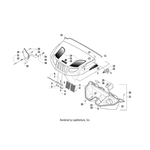 Exploded diagram of a vehicle front hood assembly with numbered parts, featuring the Hood Decal - Front Left by Arctic Cat, plus vents, hinges, latches, grille, bumper parts, and fasteners—OEM Arctic Cat parts at Witchdoctors.com.