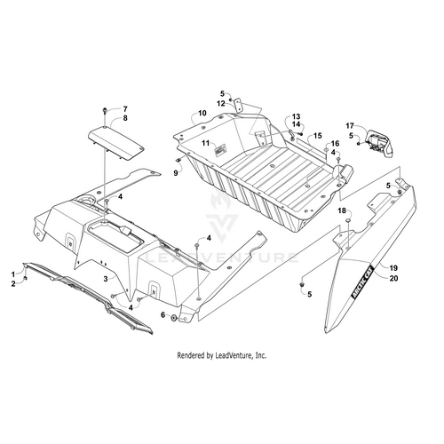 Exploded diagram of vehicle trunk components, including the Fender Panel-Rear-Left M.Black-Painted by Arctic Cat—perfect for identifying and referencing OEM Arctic Cat parts and Wildcat accessories.