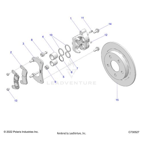 An Image of a Genuine Polaris Parts Schematic Diagram showing the schematic - BRAKES: CALIPER REAR - 2024 POLARIS RZR TURBO R PREMIUM