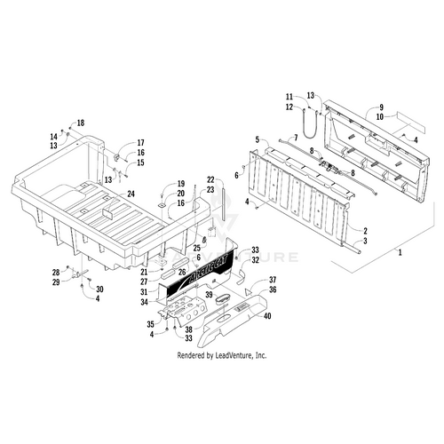 Exploded diagram of a truck bed and tailgate assembly with numbered parts, highlighting the bed, side panels, brackets, hardware, a “Cargo Box Decal - Right by Arctic Cat,” and SmartCat label to show OEM Arctic Cat Parts fit together.