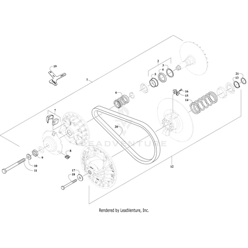 Exploded diagram highlighting labeled parts—gears, pulleys, belt, bolts, springs—ideal for referencing OEM Arctic Cat assembly components like the Shim Clutch 5Mm during your repair or maintenance process.