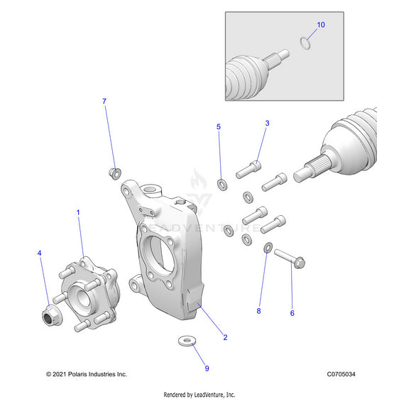 An Image of a Genuine Polaris Parts Schematic Diagram showing the schematic - SUSPENSION: FRONT CARRIER AND HUB - 2023 POLARIS RZR TURBO R 4 PREMIUM RIDE COMMAND