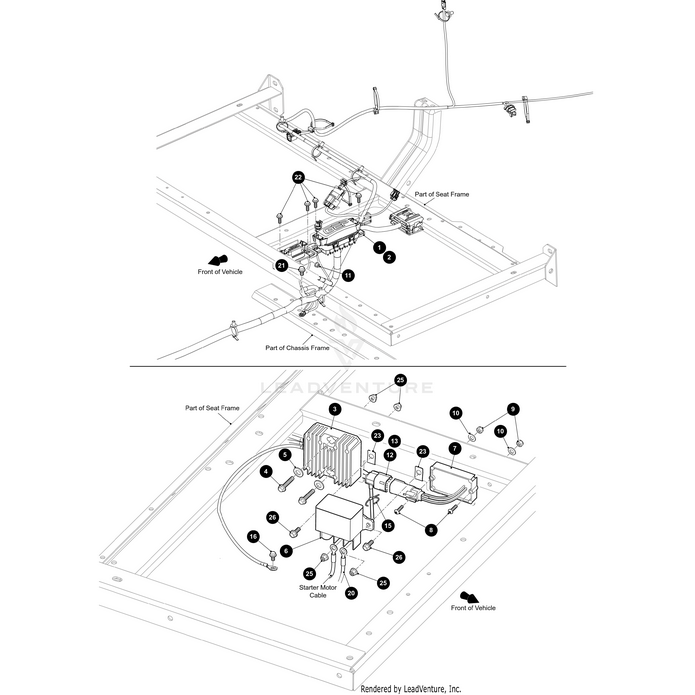 Black and white technical diagram showing the UTV Main Rear Harness by Arctic Cat with labeled components, wiring, seat frame parts, and arrows for front and electrical connections; fits Wildcat, Prowler, and Alterra models using OEM Arctic Cat parts.