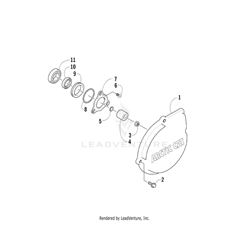 Exploded diagram of an Arctic Cat engine cover assembly showing labeled OEM parts—including the cover, screws, bearings, washers, spacers, and O-Ring 44.7 Id X 2.4 W by Arctic Cat—arranged in assembly order from left to right.