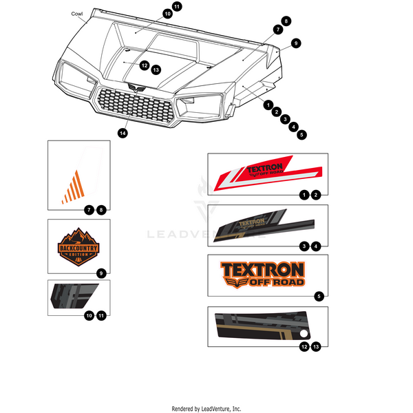 Line drawing of a vehicle front hood with numbered decal placements, highlighting the Hood Decal Side Right (Ballistic Bronze) for Havoc X by Arctic Cat, plus close-ups of stripes, logos, Textron Off Road, and Backcountry text on white background.