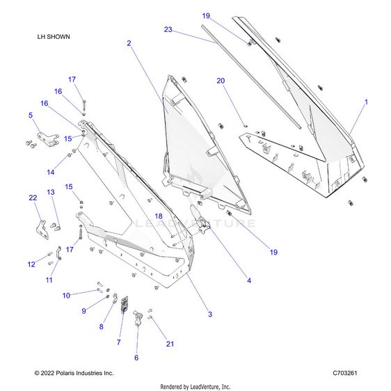 An Image of a Genuine Polaris Parts Schematic Diagram showing the schematic - BODY: DOORS FRONT - 2023 POLARIS RZR PRO R 4 ULTIMATE TROY LEE DESIGNS