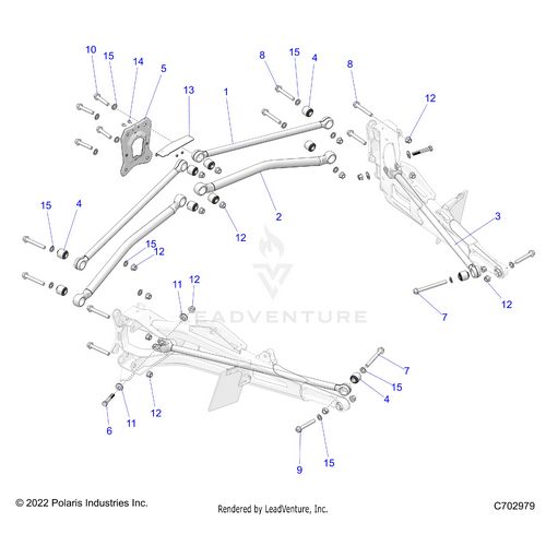 An Image of a Genuine Polaris Parts Schematic Diagram showing the schematic - SUSPENSION: REAR TRAILING ARMS MOUNTING PREMIUM - 2023 POLARIS RZR TURBO R PREMIUM RIDE COMMAND