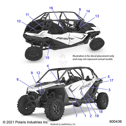 An Image of a Genuine Polaris Parts Schematic Diagram showing the schematic - BODY: DECALS - 2022 POLARIS RZR PRO XP 4 PREMIUM EVAP