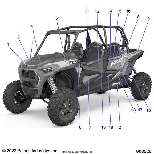 An Image of a Genuine Polaris Parts Schematic Diagram showing the schematic - BODY: DECALS GRAPHICS - 2023 POLARIS RZR XP 4 1000 PREMIUM RIDE COMMAND