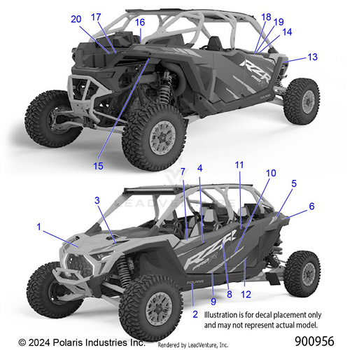 An Image of a Genuine Polaris Parts Schematic Diagram showing the schematic - BODY: DECALS - 2025 POLARIS RZR PRO R 4 FACTORY ARMORED LE ULTIMATE