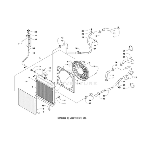 Exploded diagram of a car radiator cooling system, showing labeled parts such as hoses, clamps, connectors, and the Arctic Cat Coolant Pipe - Upper—perfect for finding OEM Arctic Cat parts at Witchdoctors.com.