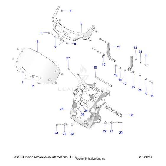 Exploded diagram of a Brg Flange Ws Motor by Polaris, displaying numbered OEM parts such as the windshield, brackets, screws, washers, and mounting hardware with assembly labels for easy reference.
