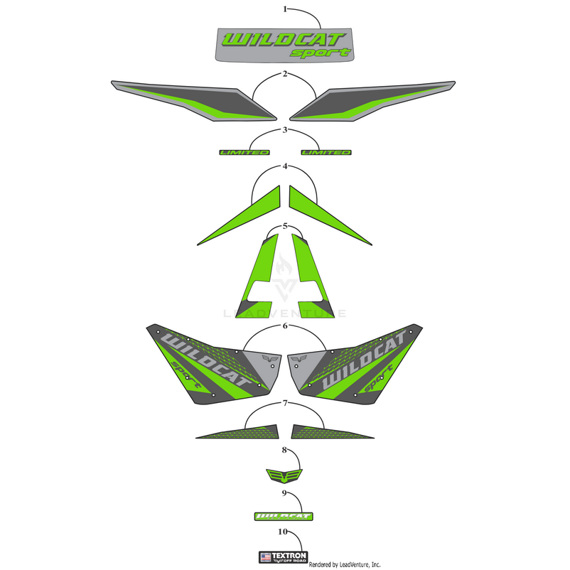 The Hood Decal Side Left (Wc Sport Ltd) by Arctic Cat features green, gray, and black Wildcat Sport stickers for precise placement on off-road vehicles—ideal as OEM Arctic Cat UTV accessories.