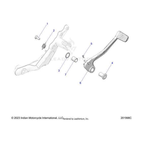 Diagram showing labeled parts of the Pedal Brake Forward Black | [Includes 7] by Polaris—main pedal arm, mounting bracket, bolts, and pivot components—each part numbered for easy reference.