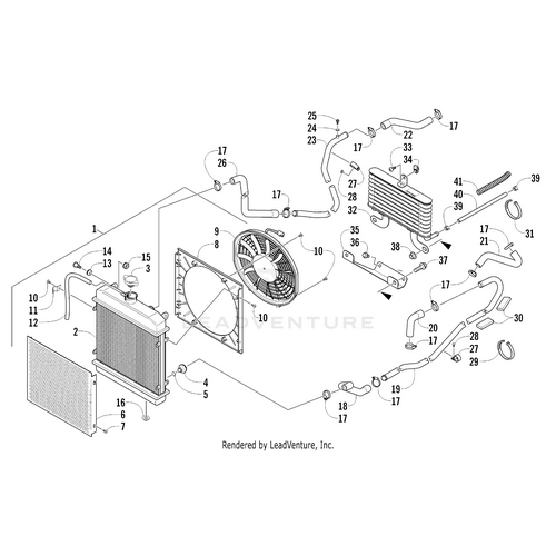 Exploded diagram of an Arctic Cat UTV cooling system with labeled components like radiator, fan, hoses, clamps, connectors, brackets, and the Coolant Pipe - Upper by Arctic Cat. Each OEM part is numbered for easy identification.
