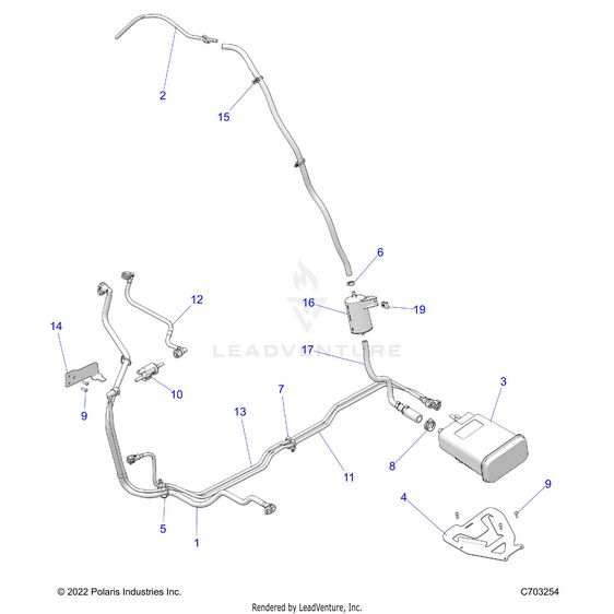 An Image of a Genuine Polaris Parts Schematic Diagram showing the schematic - FUEL: SYSTEM FUEL LINES EVAP - 2023 POLARIS RZR PRO R ULTIMATE TROY LEE DESIGNS
